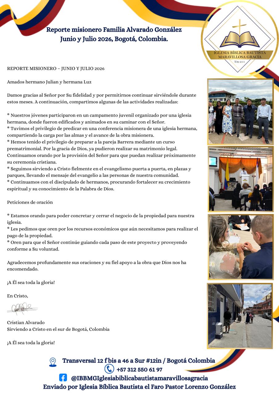 June and July 2026 missionary report from Iglesia Bíblica Bautista Maravillosa Gracia